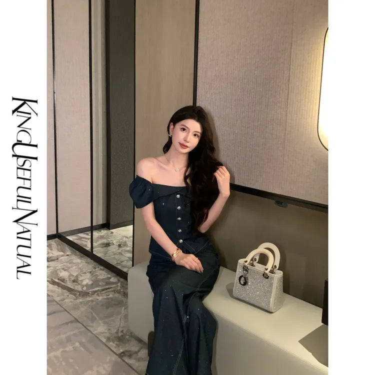 KUN【丹宁少女】复古原牛色 重工水洗蓝带撒银氛围感扭结领口套装