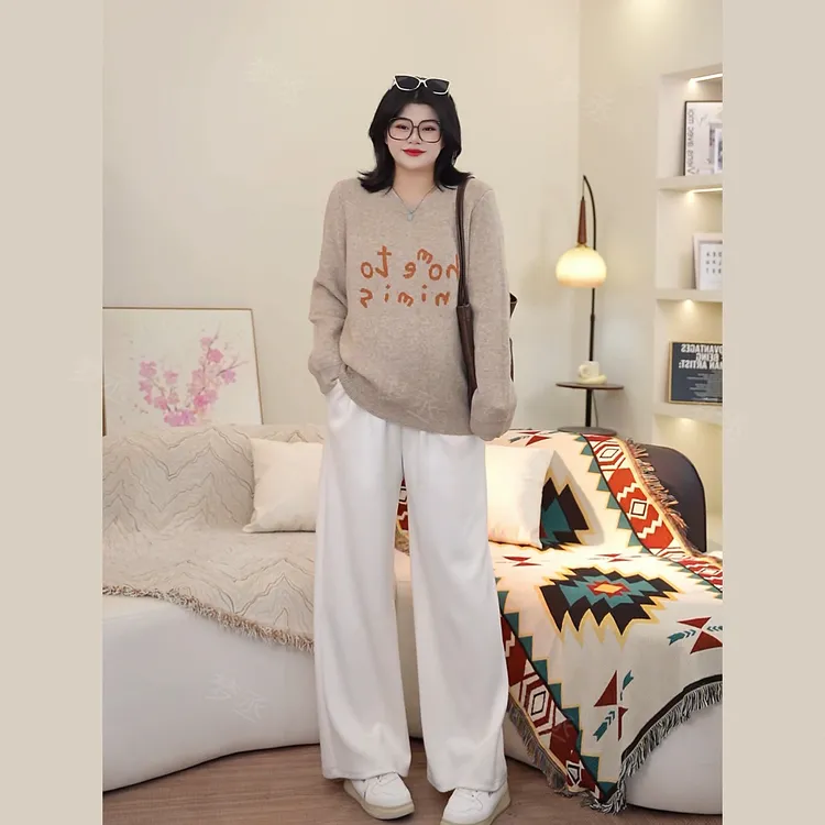 梦丞-显瘦遮肉冬季胖mm大码女装慵懒风韩系圆领字母印花针织毛衣