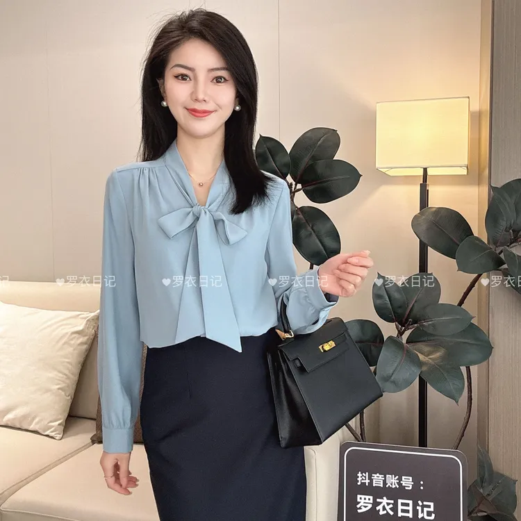 【罗衣专属】气质新款女士飘带结开衫高档轻职风长袖时尚上衣衬衫