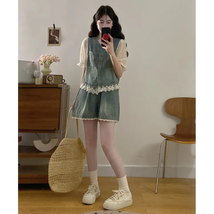 大码胖mm独特漂亮好看牛仔短裤套装2025初夏穿搭一整套遮肉两件套