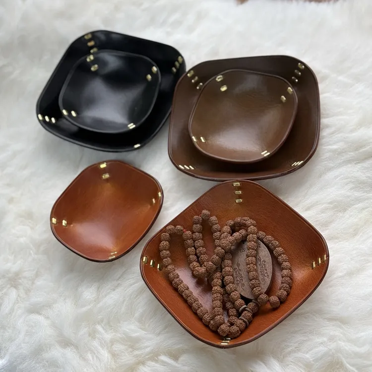 手工头层牛皮文玩核桃珠宝手串收纳盘真皮钥匙收纳桌面收纳盒托盘