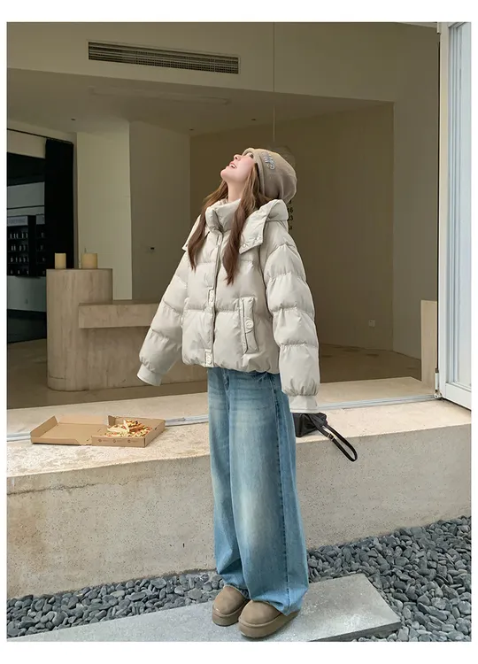 2025冬新款韩版连帽羽绒服女休闲文艺白鸭绒面包服加厚小个子外套