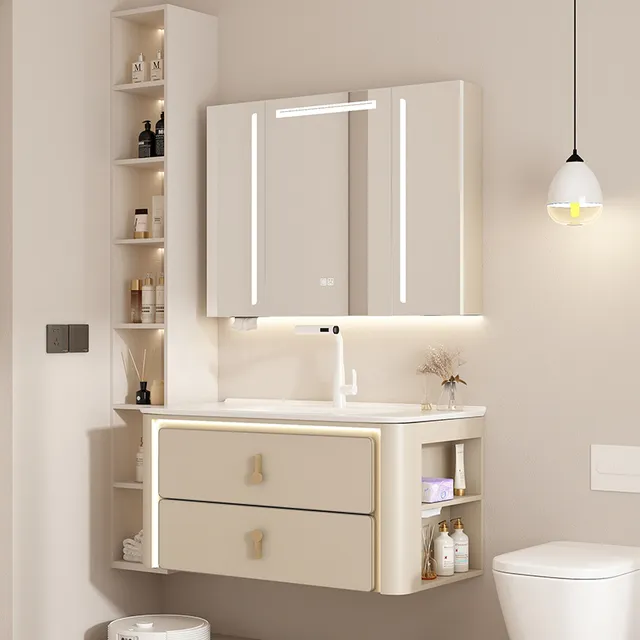 新款奶油风浴室柜陶瓷一体盆带侧边收纳卫生间圆弧洗手脸盆柜组合