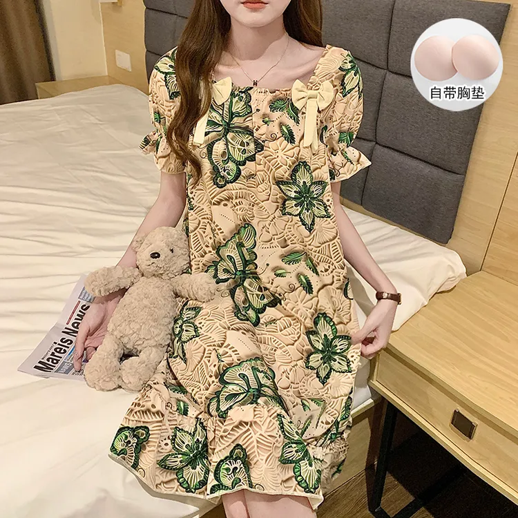 【3D印花】冰丝睡裙女带胸垫夏季薄款高颜值网红2025爆款家居服睡衣