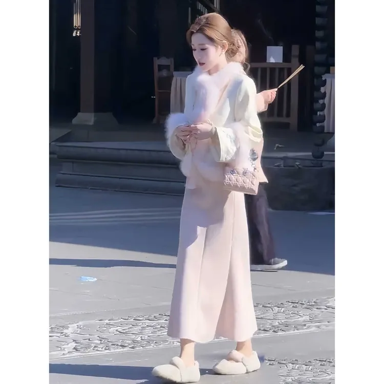 【奶芙粉雪】冬季新款新中式国风套装毛呢外套半身裙两件套