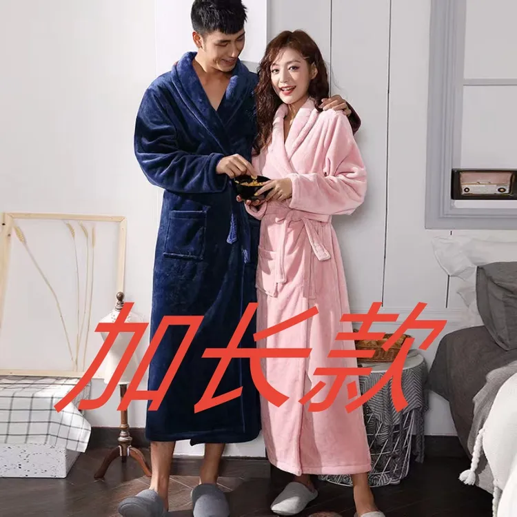 加厚加长款法兰绒情侣睡袍加大码女秋冬季男士浴衣冬天珊瑚绒浴袍