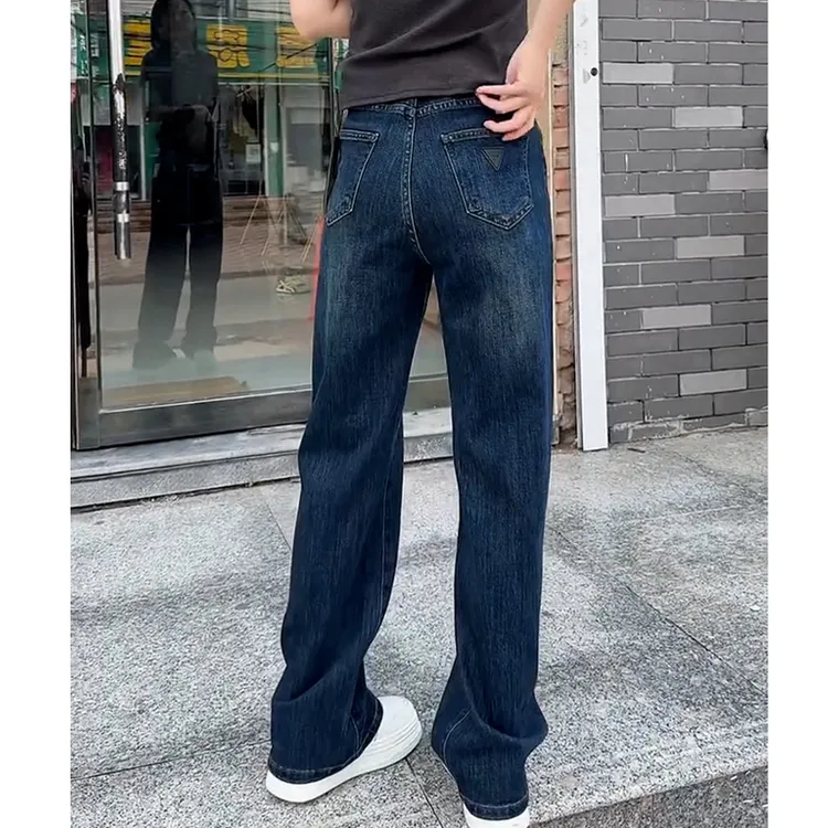 蓝色窄版直筒牛仔裤女秋冬加绒加厚爆款高腰显瘦小个子阔腿长裤