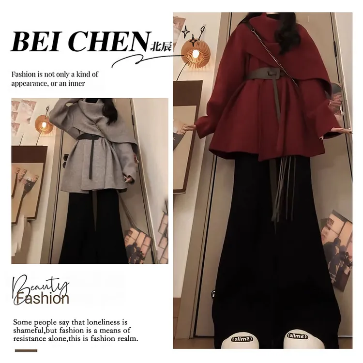 大码秋冬新款韩系高级感斗篷披肩收腰毛衣外套女时尚微喇裤两件套