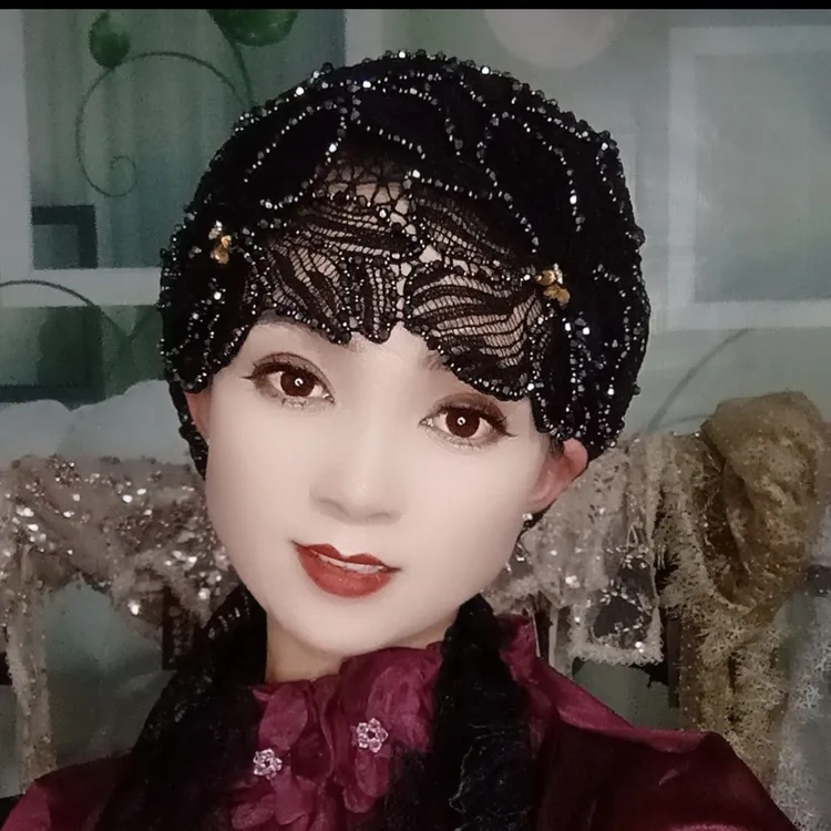 刺绣时尚流苏双层鱼尾帽子蕾丝洋气头巾重工手工新款包头白发爆款