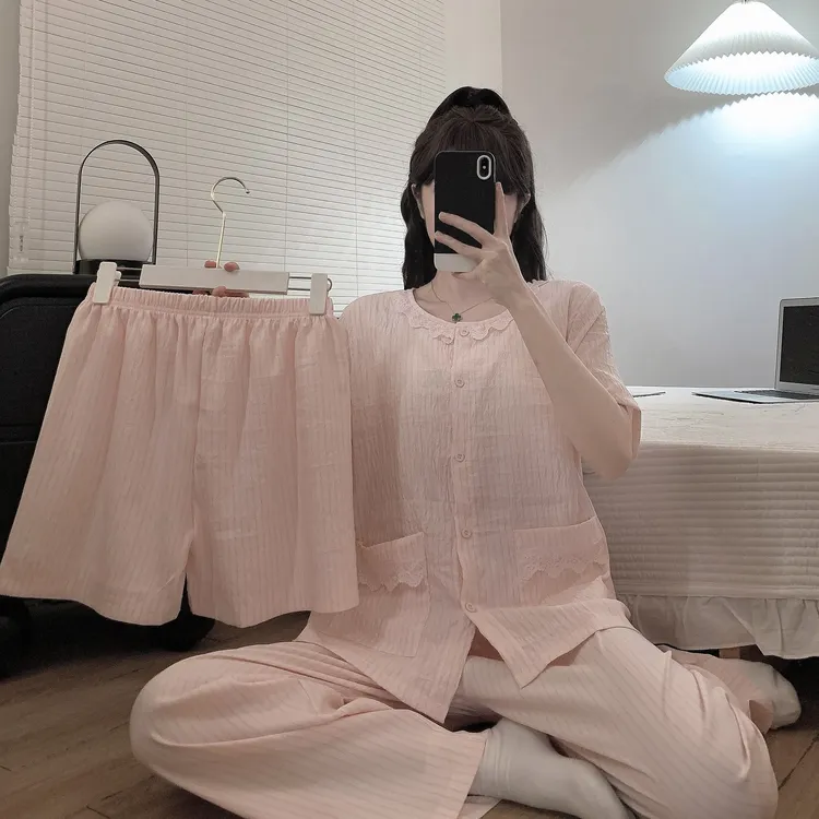 带胸垫三件套2025夏季薄款睡衣女短袖长裤花边蕾丝减龄女士家居服