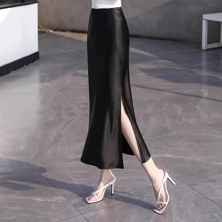 法式复古高质感丝滑醋酸缎面鱼尾裙夏季修身显瘦松紧腰包臀半身裙