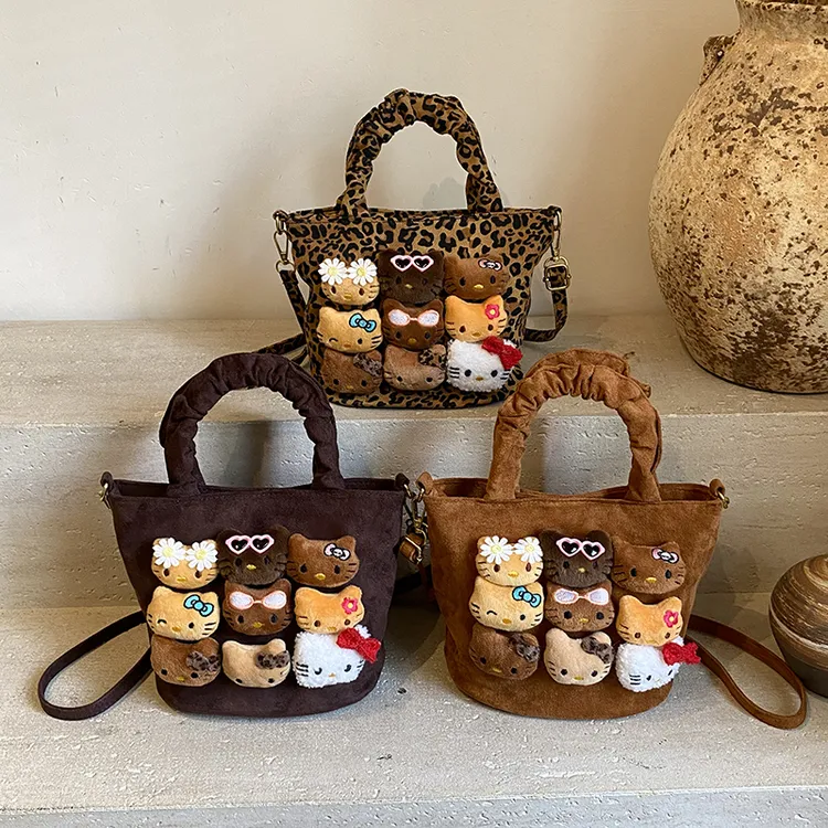 时尚豹纹女孩手提包卡通可爱毛绒公仔男女童单肩包新款儿童水桶包