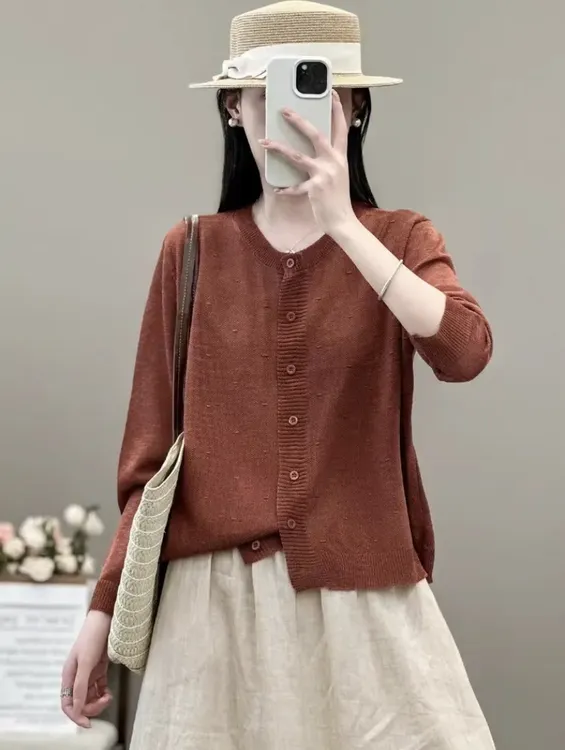 韩系单排扣圆领针织衫开衫女春季文艺宽松纯色休闲百搭长袖上衣外