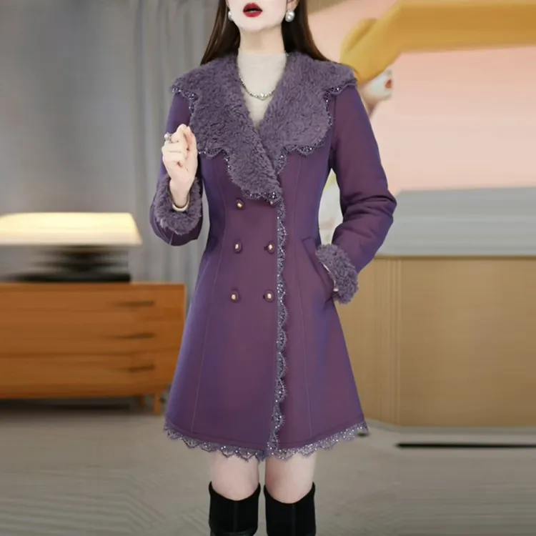 TR精纺轻奢加绒加厚外套2025冬季新款高级感修身显瘦紫色保暖大衣