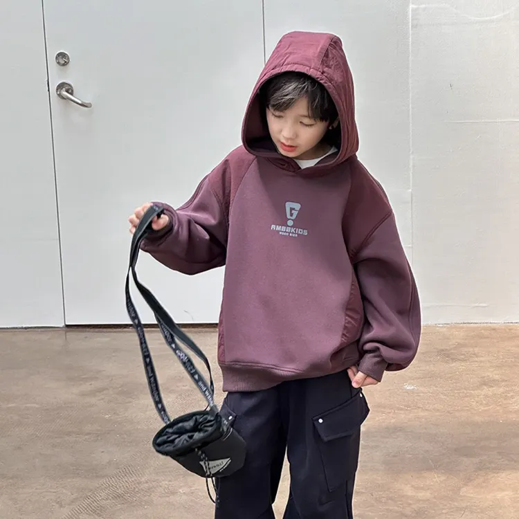 拉萨发货 2025冬儿童韩版加厚加绒拼色上衣潮童字母保暖连帽卫衣