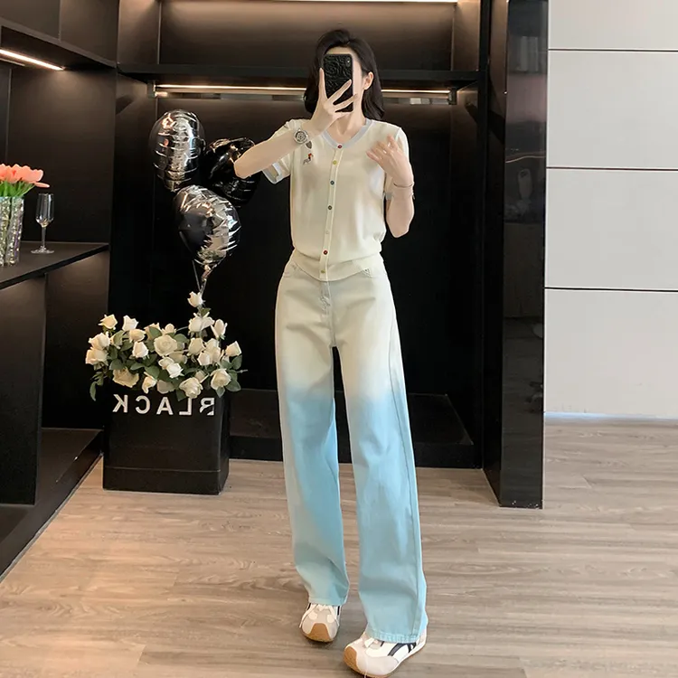 夏季短袖宽松时尚百搭针织衫开衫上衣渐变直筒牛仔裤阔腿裤薄款