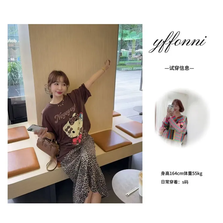 【YFONI】豹纹Kitty鱼尾裙+T恤 套装