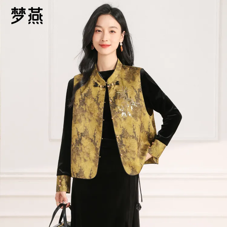 梦燕春秋女新中式国风印花丝绒上衣马甲民族风两件套AA03B5038