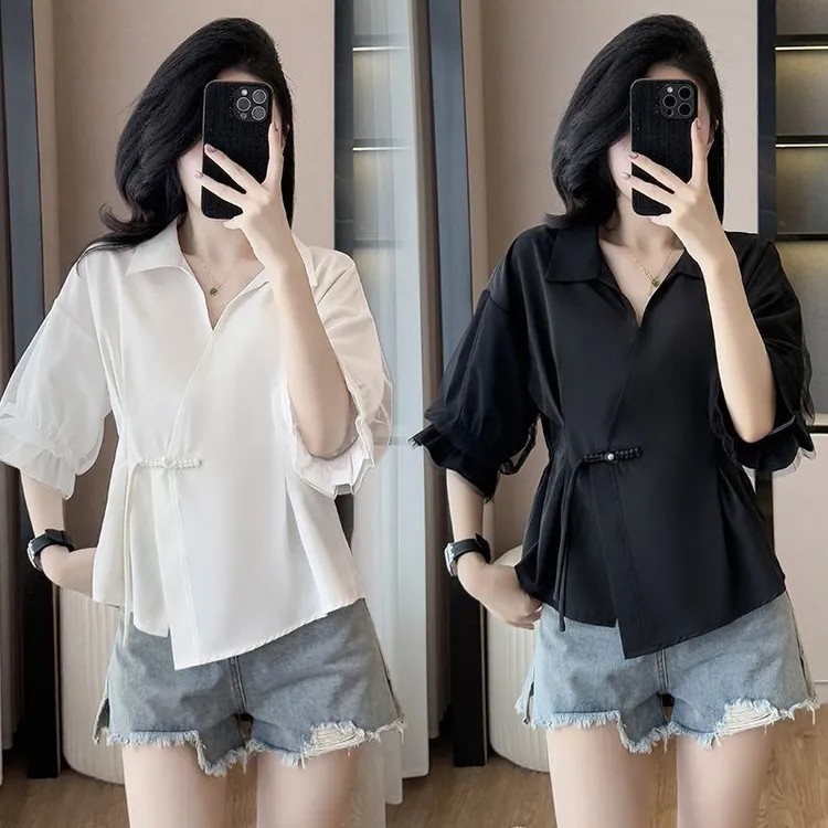 夏季大码女装法式新款短袖不规则遮肚子上衣收腰显瘦设计衬衫衬衣