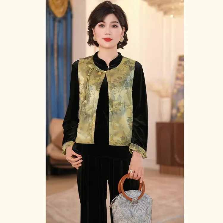 中年妈妈秋装时尚金丝绒套装2025新款洋气质中老年女装国风两件套