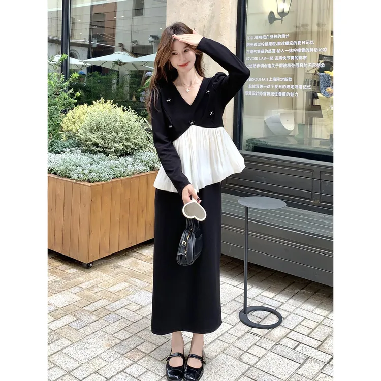 黑色法式温柔风洋气漂亮套装裙女2025秋季新款上衣半身长裙两件套