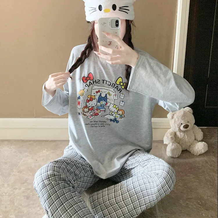 长袖睡衣女款春秋季纯棉圆领卡通hellokitty休闲可外穿夏天家居服