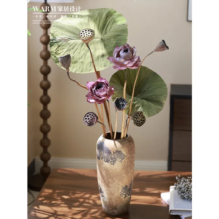 禅意中式国风荷花干花花束荷叶莲蓬禅意中式国风花瓶装饰摆件客厅家居桌面插花