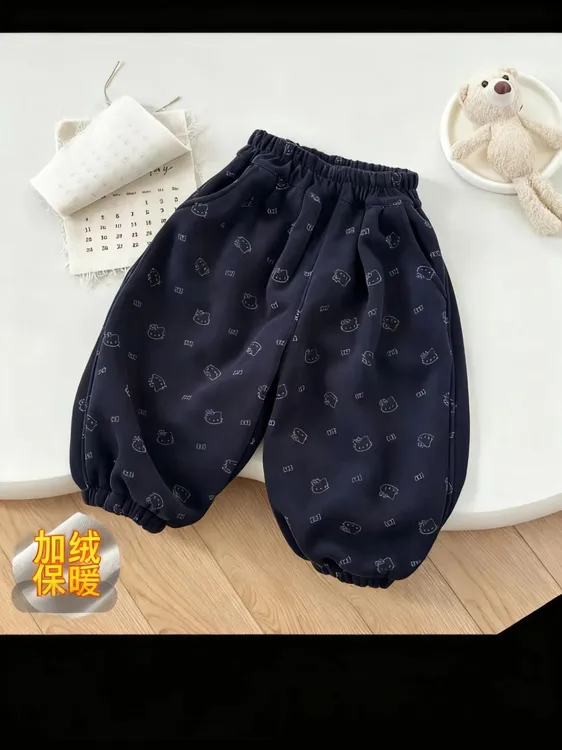 女童秋冬款加绒裤子2025新款儿童卫裤百搭卡通休闲时髦保暖束脚裤