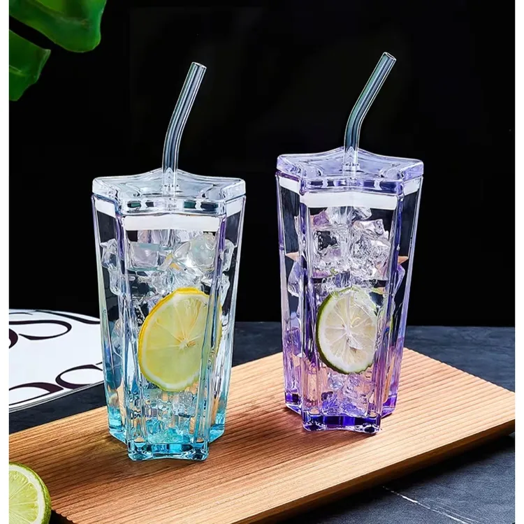 【新款】仲夏星空杯五角星玻璃吸管杯喝水杯色网红吸管杯茶杯便携