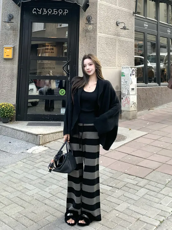 复古针织开衫纯欲风辣妹性感内搭工字背心上衣休闲条纹阔腿裤套装