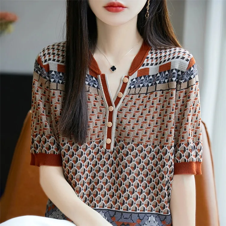 时尚品牌大码女装V领提花短袖t恤女夏季新款洋气复古薄款针织上衣