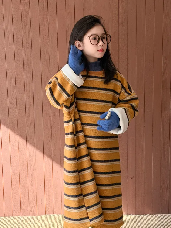 女童加绒毛衣裙冬季新款女大童慵懒风撞色连衣裙儿童针织条纹裙子