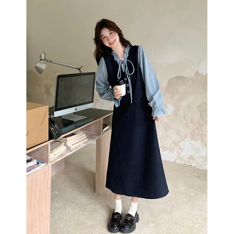 藏青色拼接马甲连衣裙女2025春秋新款韩系气质收腰显瘦小个子长裙