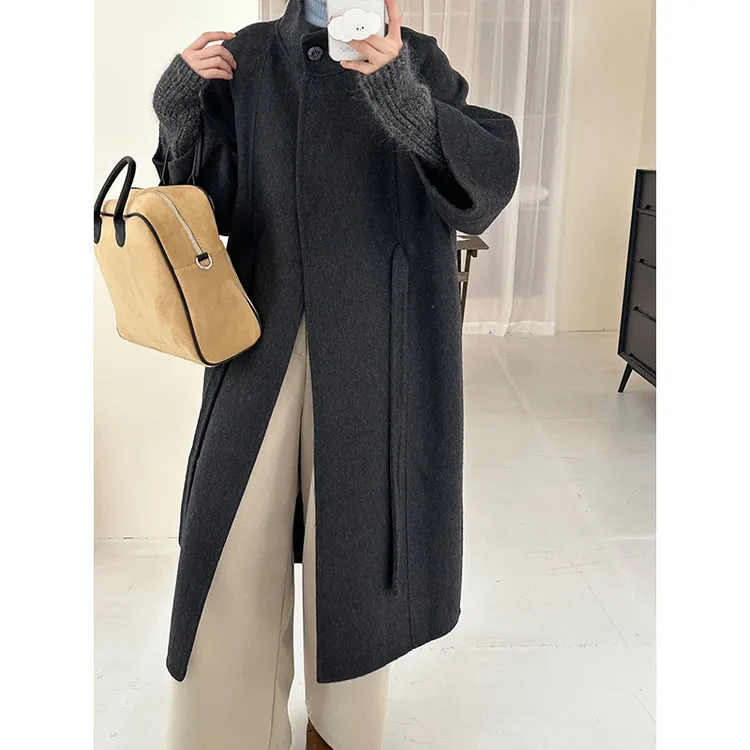 2025秋冬季新款双面呢羊毛大衣立领毛呢外套中长款浅色腰带85080
