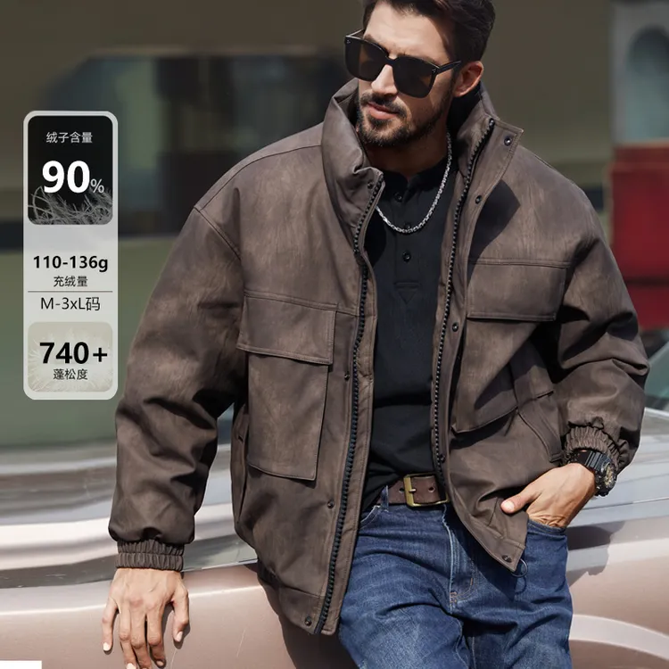 赤单羽绒服PU皮衣美式复古水洗宽松立领秋冬保暖多口袋男士外套