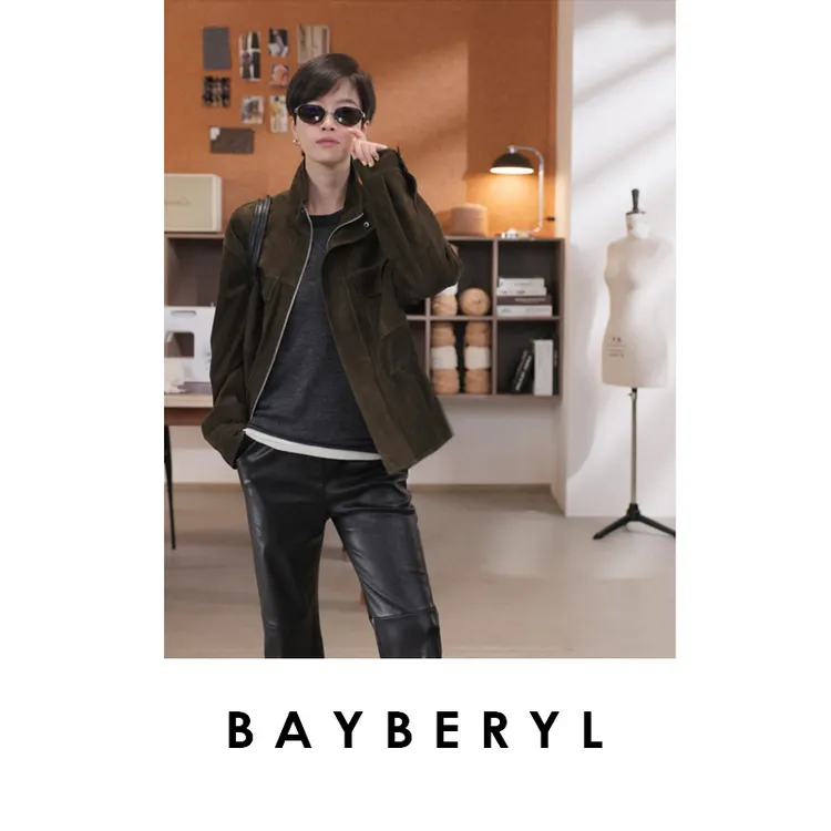 BAYBERYL老贝迷踪*埃塞绿立领休闲工装抽绳秋皮衣PY5I1506-10/2