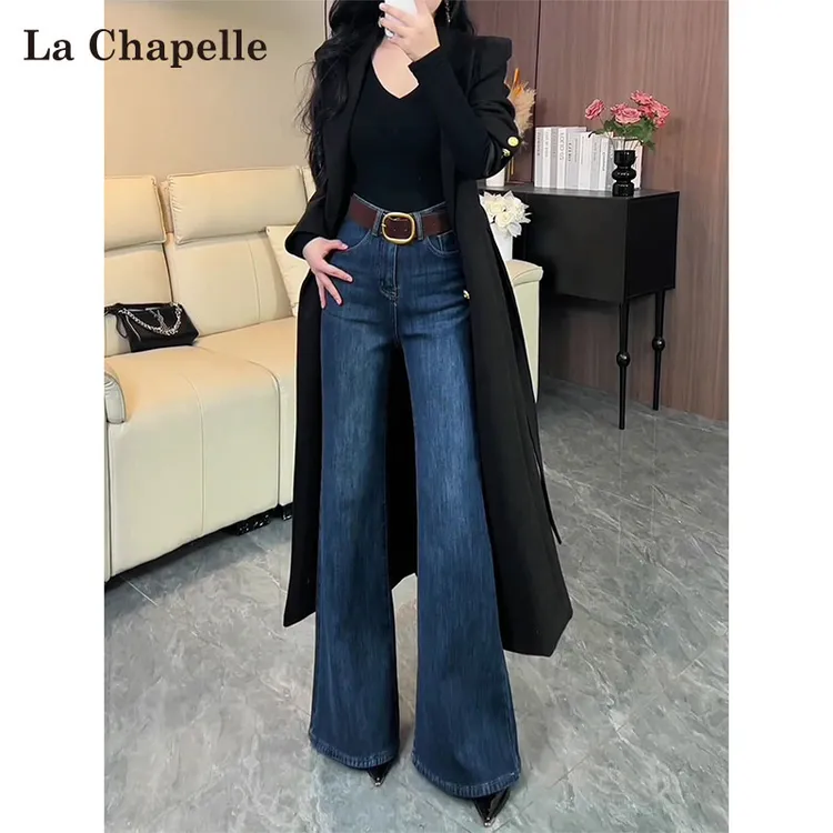 拉夏贝尔复古微喇牛仔裤女秋冬2025新款高腰修身加绒不贴腿马蹄裤