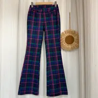1878中腰显腿细长修身时尚百搭美式复古格子微喇叭设计休闲裤