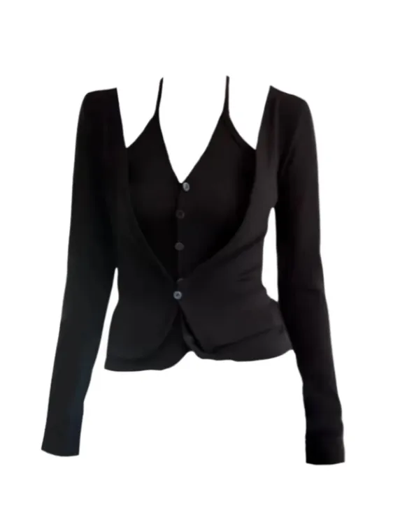 Amy家 微胖mm纯欲性感v领假两件吊带挂脖上衣秋季设计感辣妹T恤女