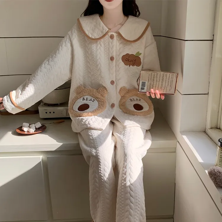 2025新款睡衣女春秋冬季长袖空气棉夹层大码棕口袋小熊套装家居服