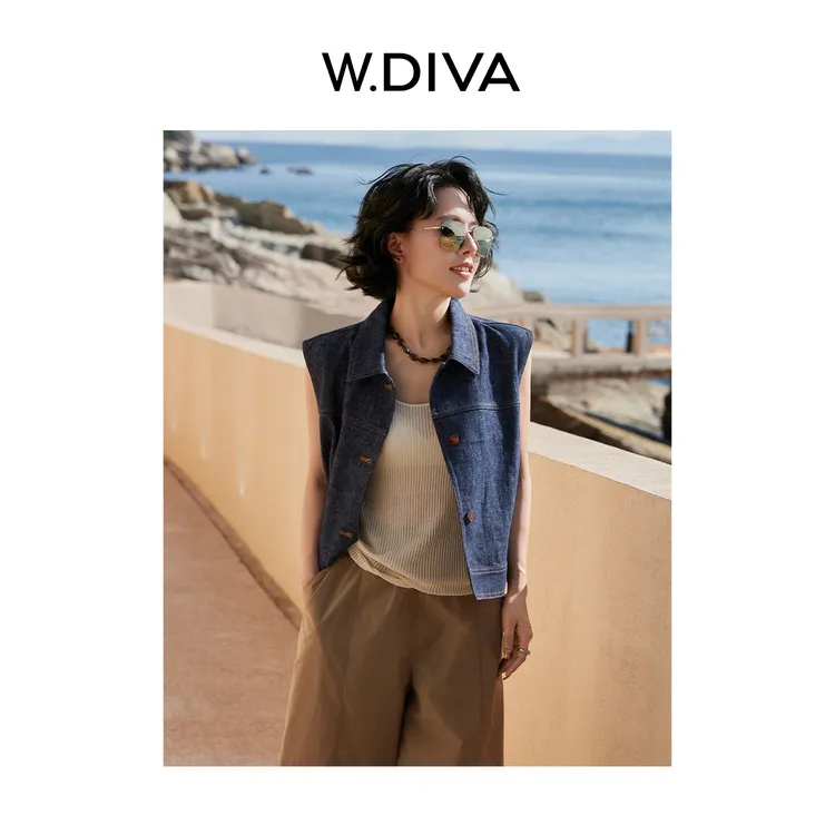 W.Diva【天空】天然亚麻自在悠闲翻领单排扣牛仔洋气马甲52C122099