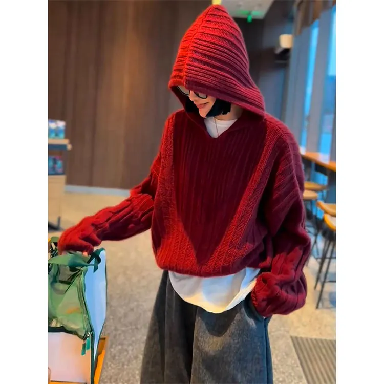 欧洲站2025秋季新款时髦洋气减龄纯色宽松长袖百搭法式针织连帽衫