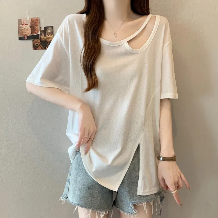 大码设计感镂空开叉短袖T恤女夏季新款胖MM宽松显瘦百搭洋气上衣