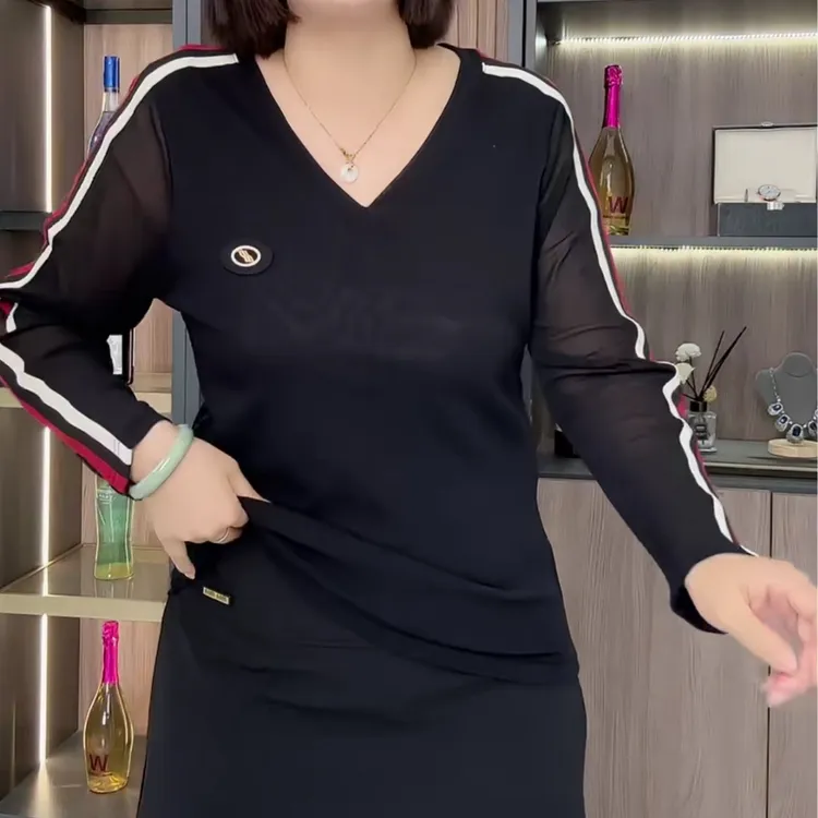 宽松型拼接包袖轻职风女长袖长袖打底显瘦气质网红洋气针织-2411