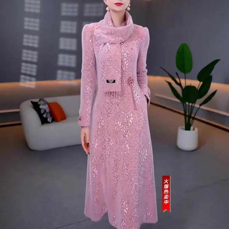 送围巾秋冬高端新中式国风复古重工提花改良旗袍气质优雅连衣裙女