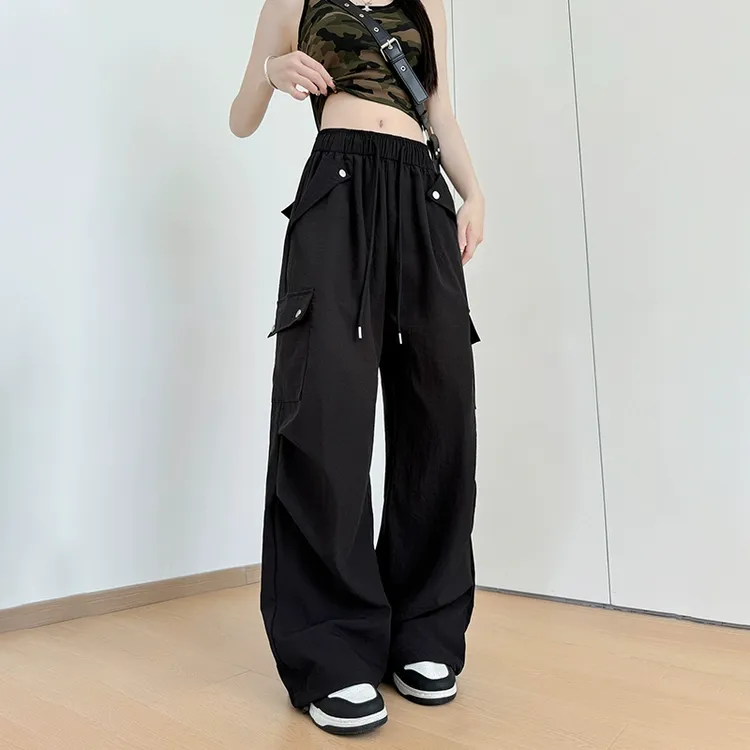黑色工装裤女款夏季透气薄款2025爵士舞大口袋小个子降落伞裤子