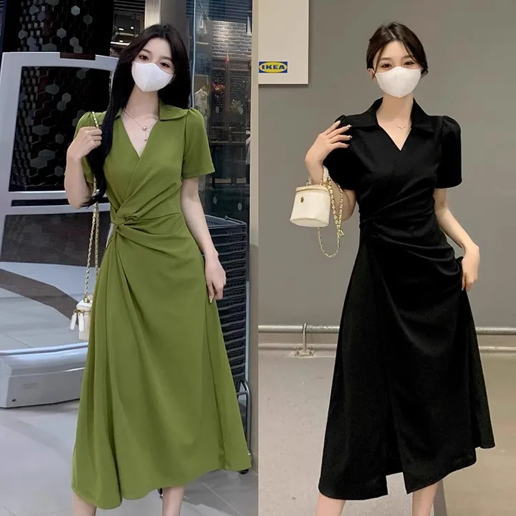 大码女装法式黑色收腰显瘦连衣裙女夏季新款时尚不规则开叉中长裙