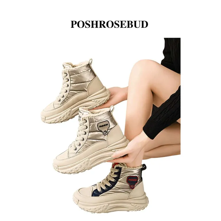 【POSHROSEBUD】新款2025冬季女鞋保暖高帮雨伞布加绒短靴厚底棉鞋