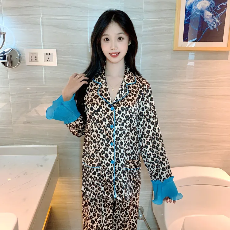 冰雪丝小翻领茵莱豹纹花边袖拼接夏季双口袋家居服两件套