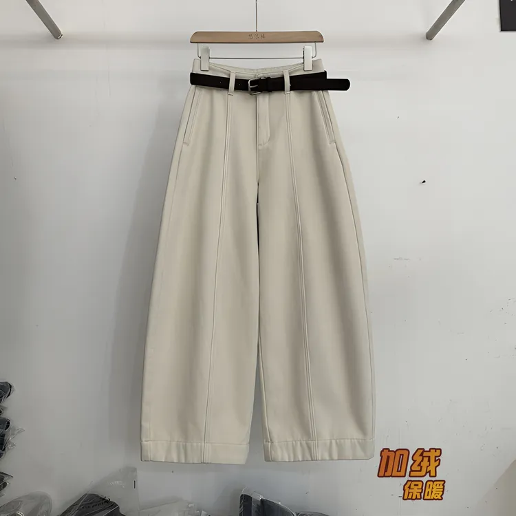 冬装新款高腰显瘦加绒加厚休闲弯刀牛仔裤女保暖小个子阔腿弯刀裤